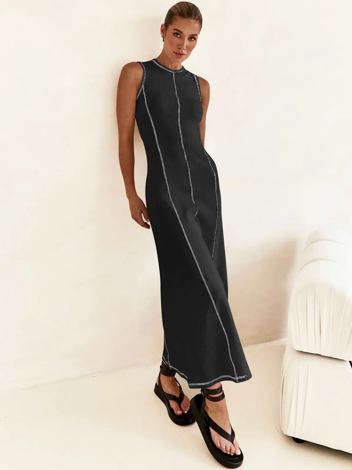 Sleeveless Contrast Ribbed Knit Maxi Dress LAPANIA