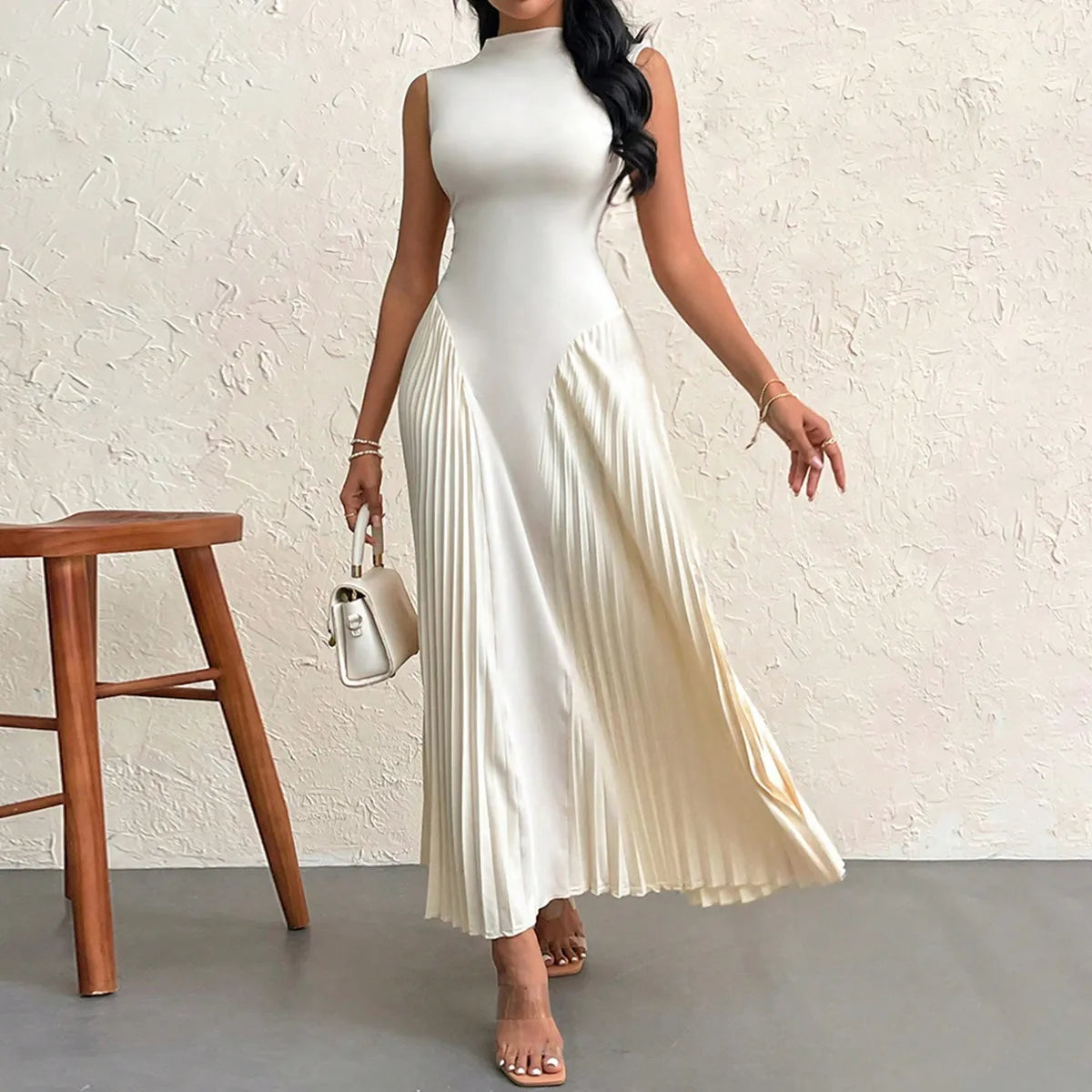 Cream White Pleated Waist Maxi Dress LAPANIA