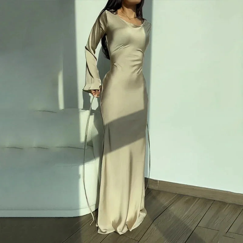 Back Lace-Up Maxi Dress with Flared Sleeves LAPANIA