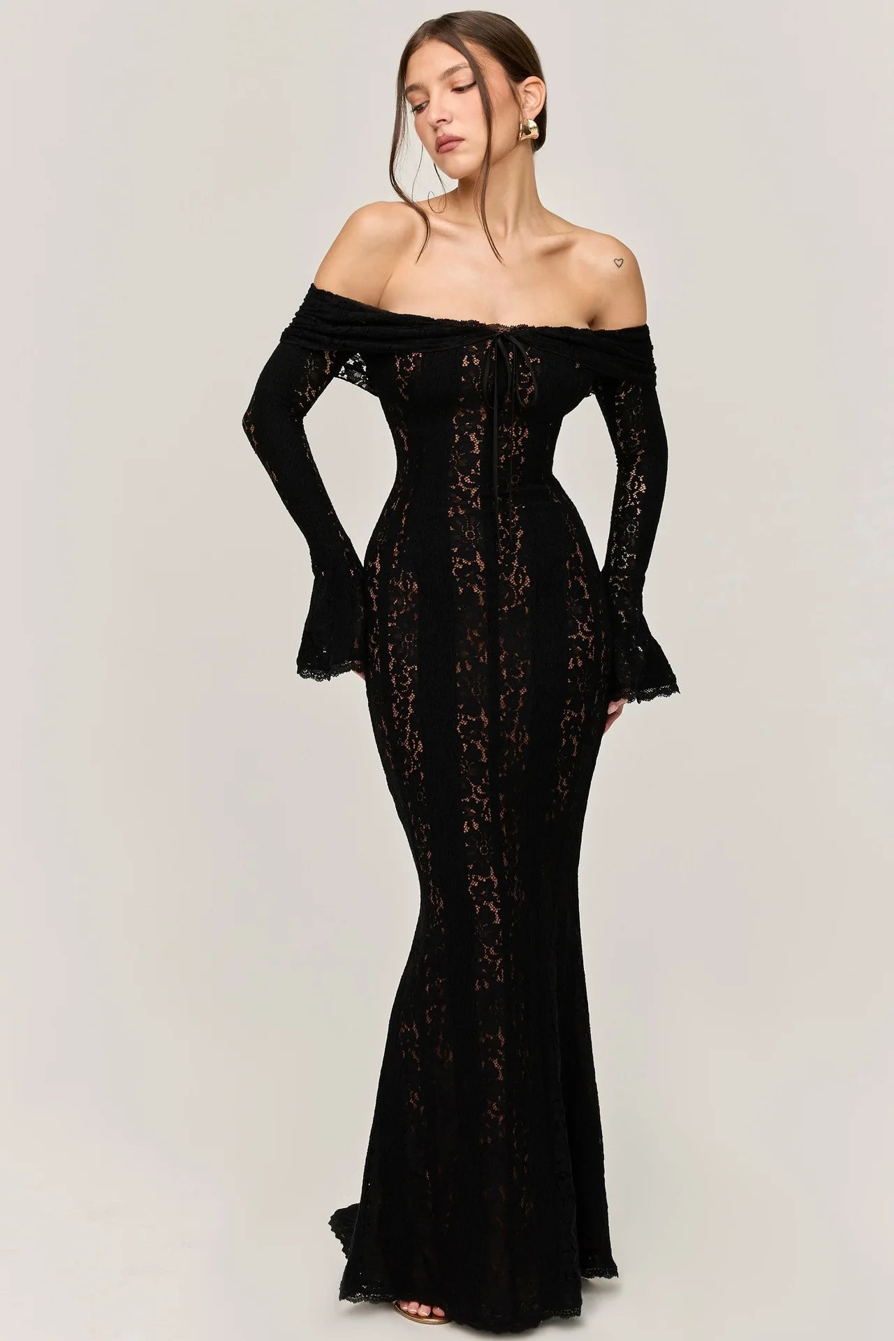 Off-Shoulder White Lace Maxi Dress