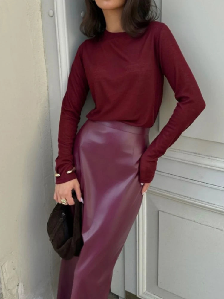 Burgundy Leather Long Skirt LAPANIA