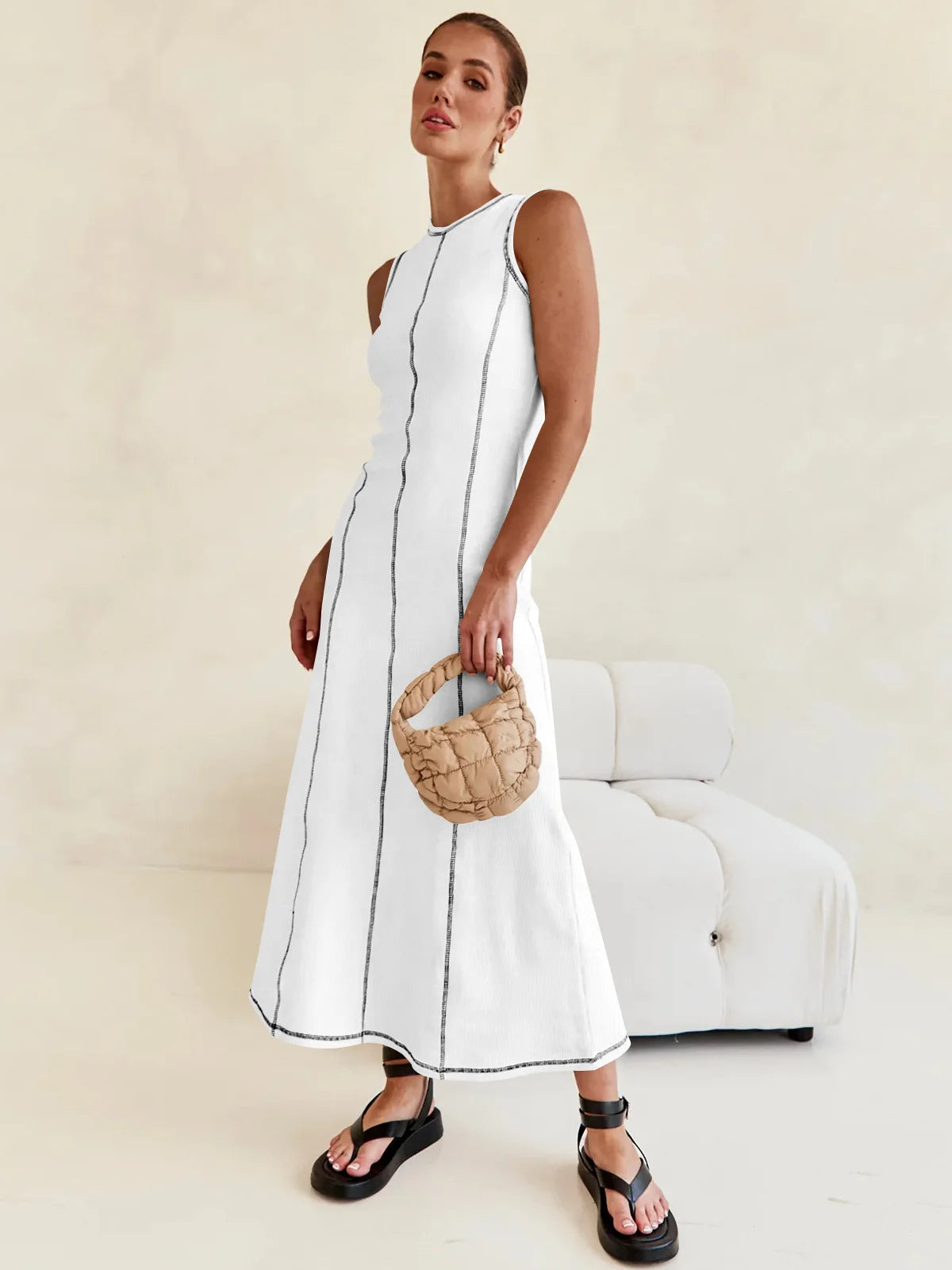 Sleeveless Contrast Ribbed Knit Maxi Dress LAPANIA