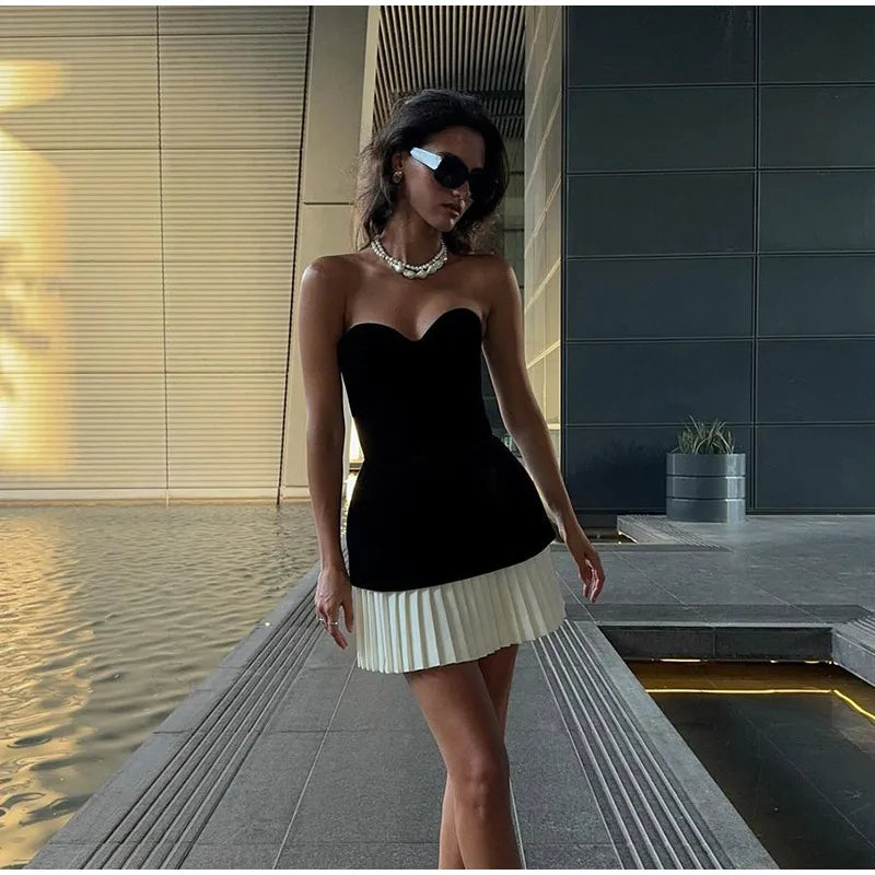 Black Velvet Pleated Hem Mini Dress LAPANIA