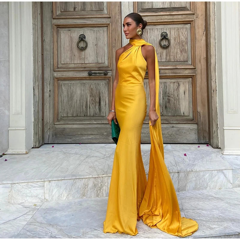 Solid Ribbon Halter Maxi Dress LAPANIA