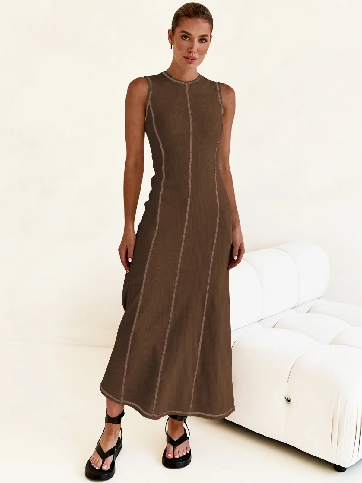 Sleeveless Contrast Ribbed Knit Maxi Dress LAPANIA