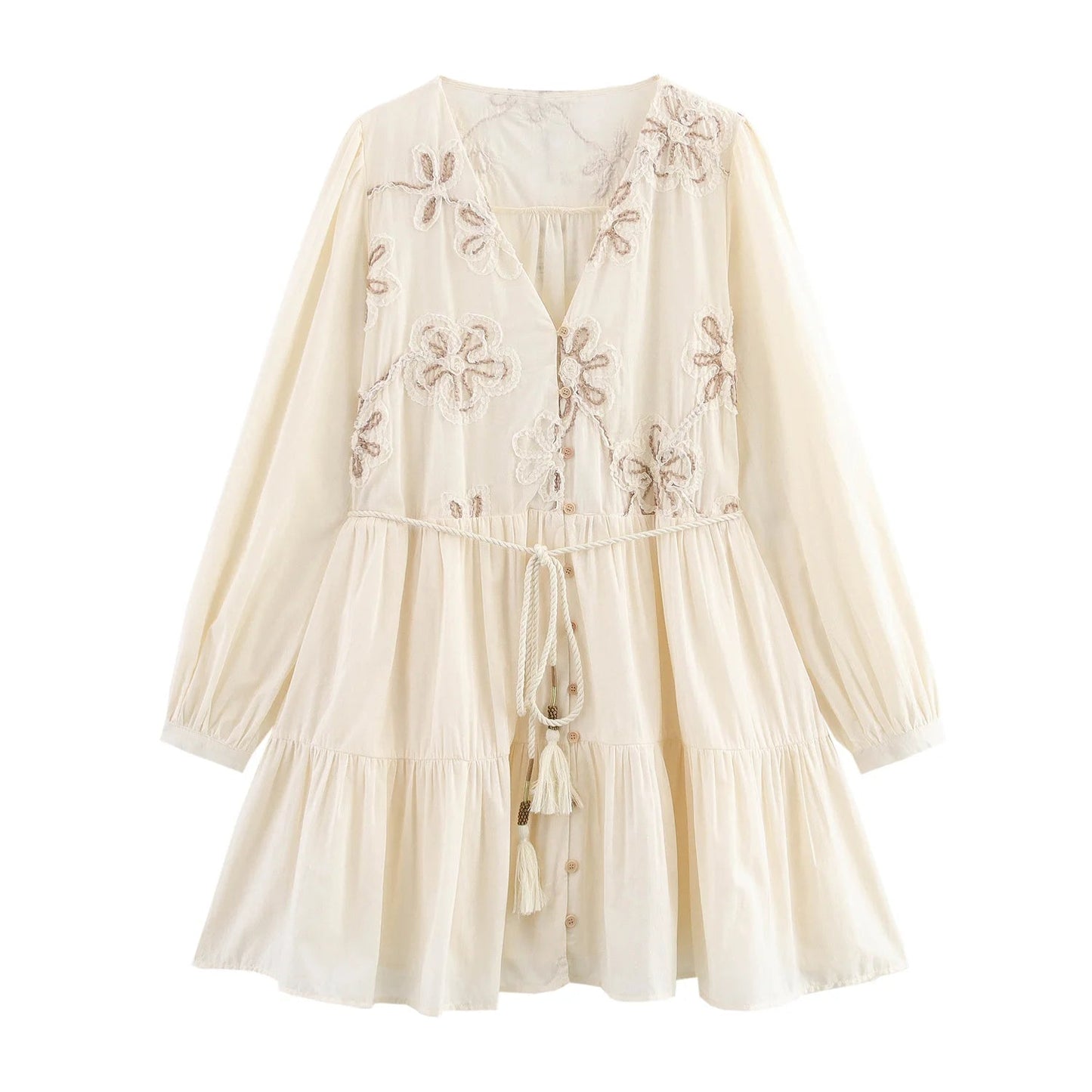 Floral Embroidery Belted Mini Dress LAPANIA