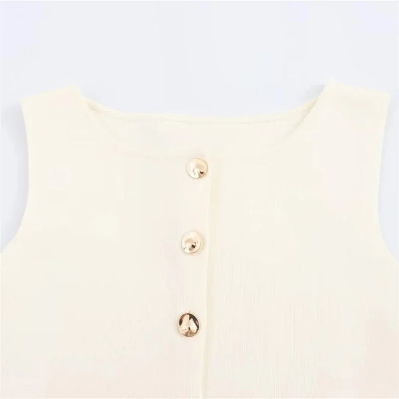 Beige Gold-Button Knitted Vest LAPANIA