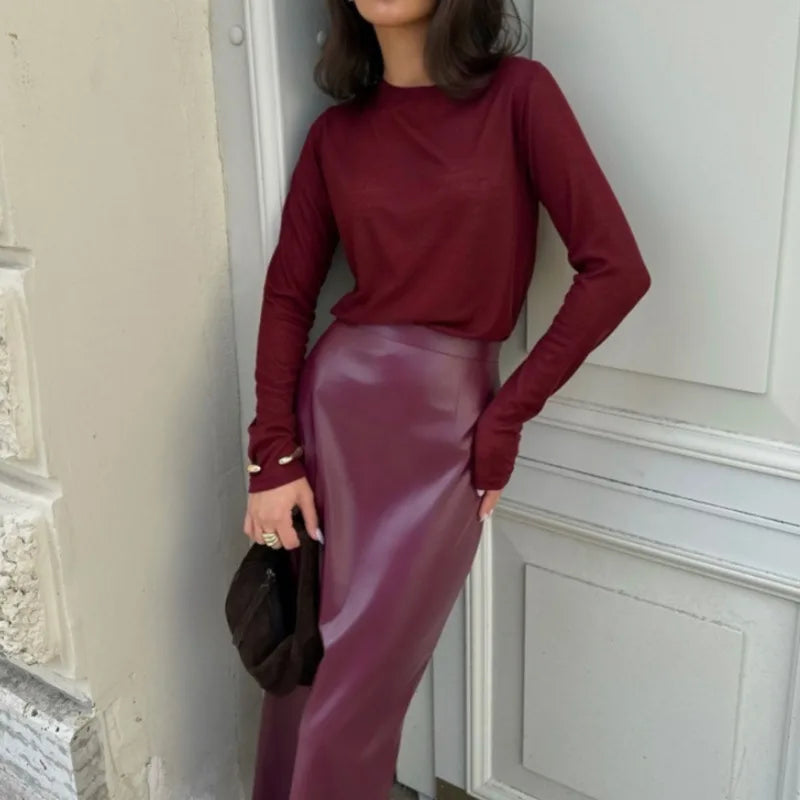 Burgundy Leather Long Skirt LAPANIA