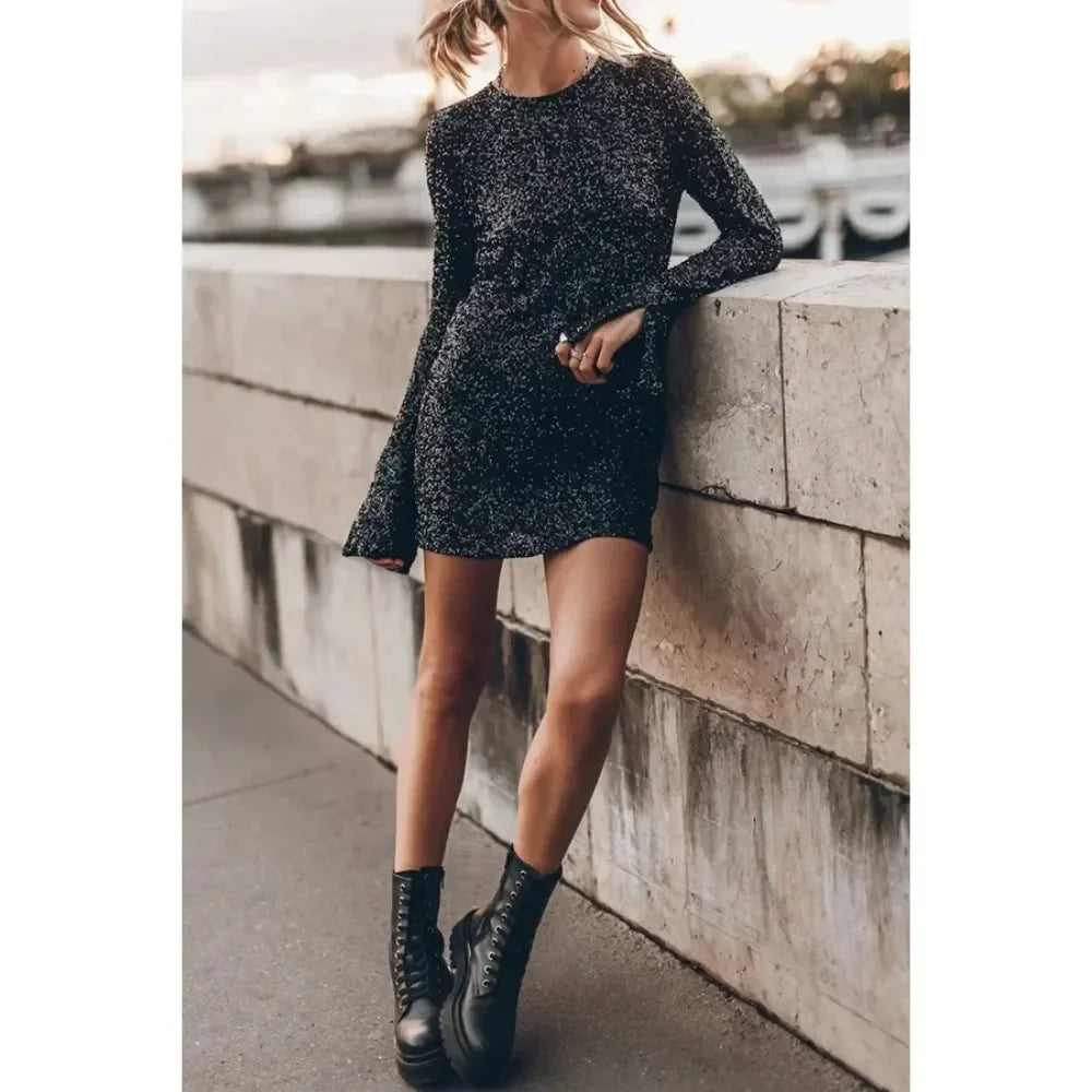 Solid Sequin Long Sleeve Dress LAPANIA