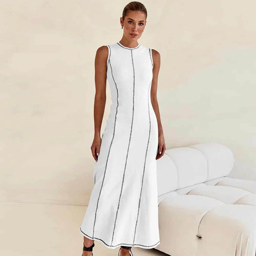 Sleeveless Contrast Ribbed Knit Maxi Dress LAPANIA