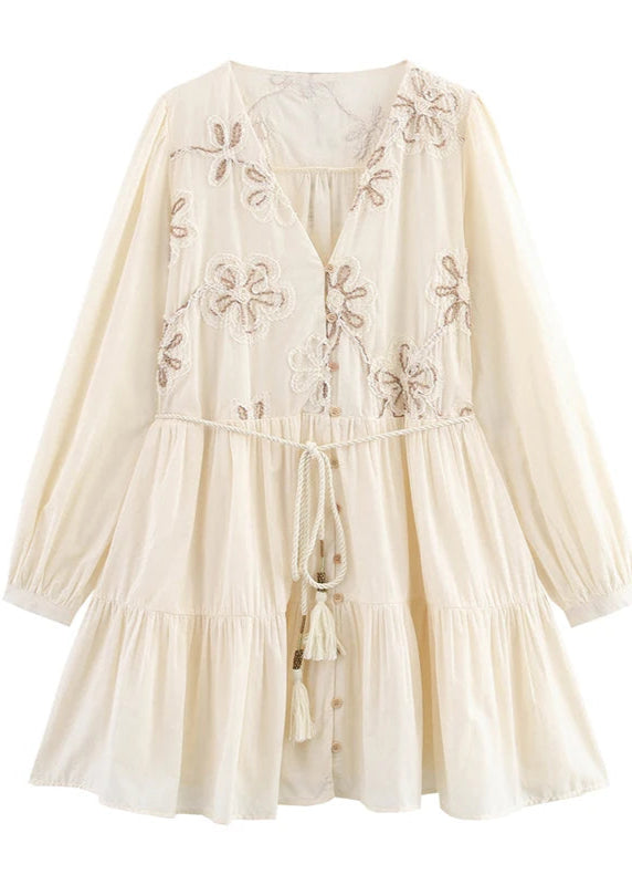 Floral Embroidery Belted Mini Dress LAPANIA