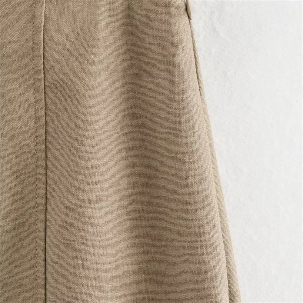 Khaki Sleeveless Vest and High-Waist Midi Skirt Set LAPANIA