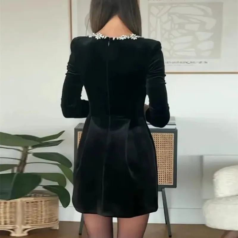 Velvet Mini Dress - Rhinestone Neckline LAPANIA