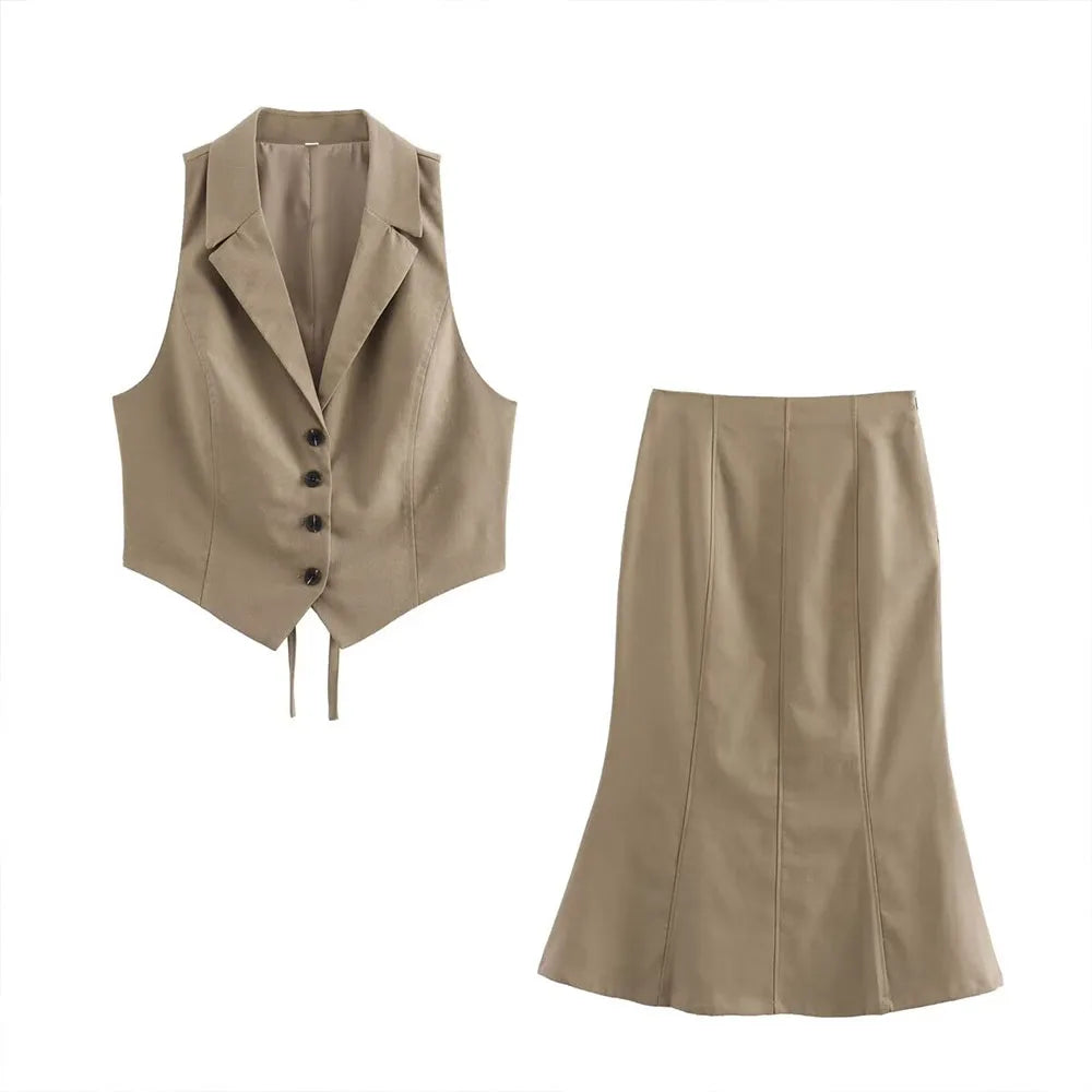 Khaki Sleeveless Vest and High-Waist Midi Skirt Set LAPANIA