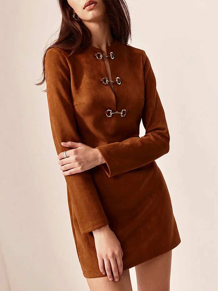 Elegant Hollow Out Button Mini Dress