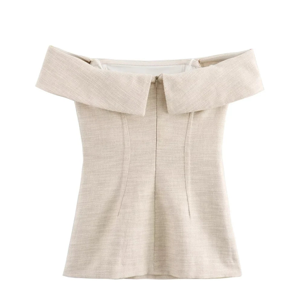 Sienna Beige Off-Shoulder Side-Slit Top LAPANIA