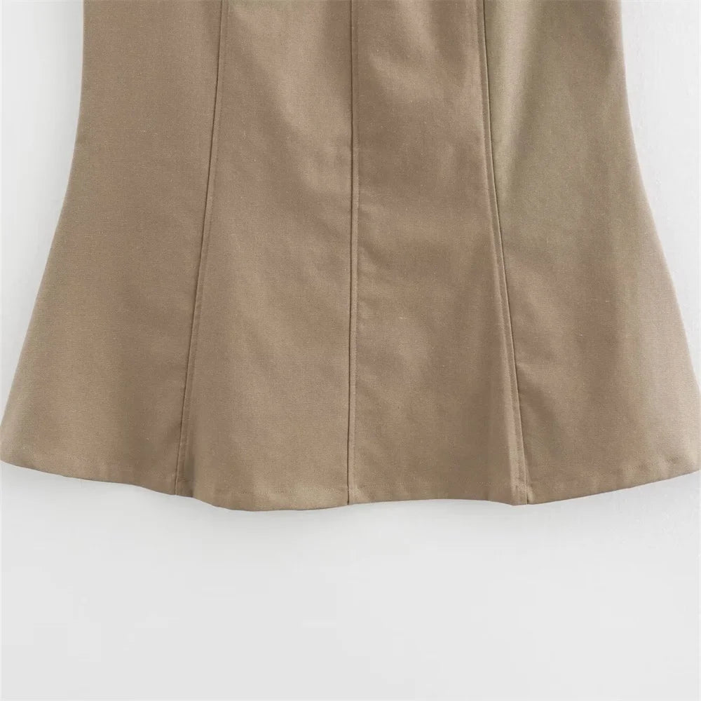 Khaki Sleeveless Vest and High-Waist Midi Skirt Set LAPANIA