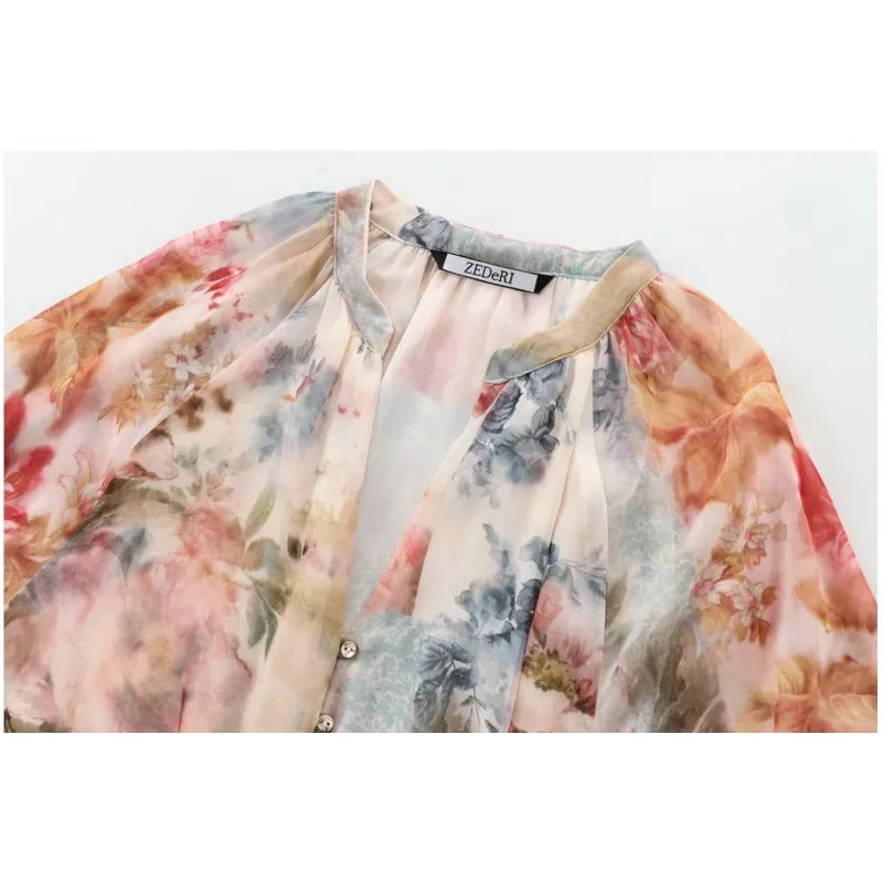 Print Long Sleeve Midi Dress with Belt LAPANIA