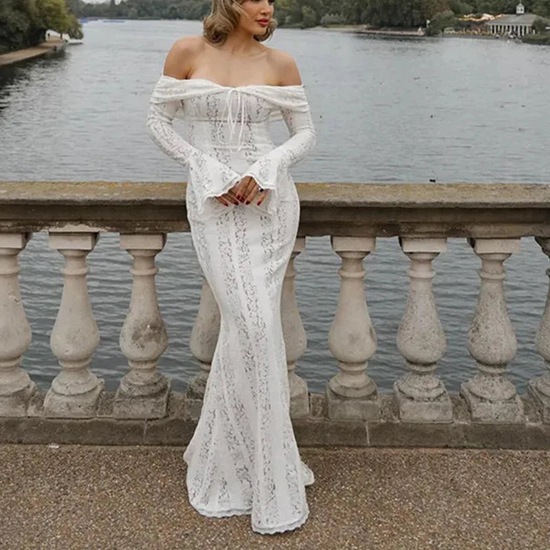 Off-Shoulder White Lace Maxi Dress