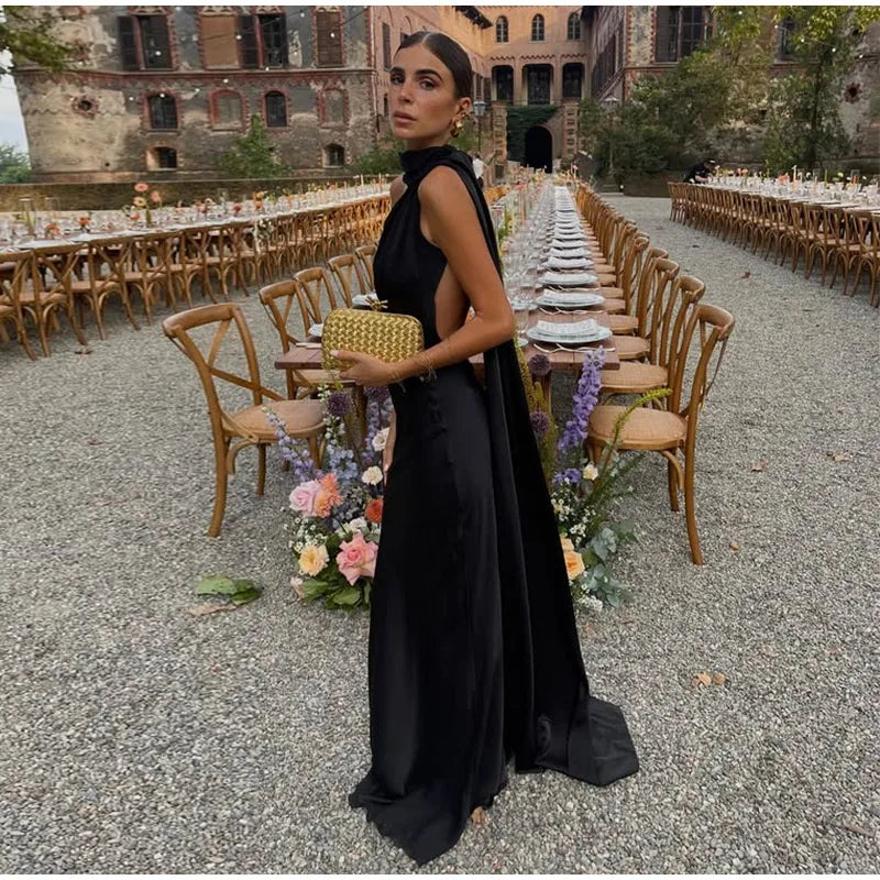 Solid Ribbon Halter Maxi Dress LAPANIA