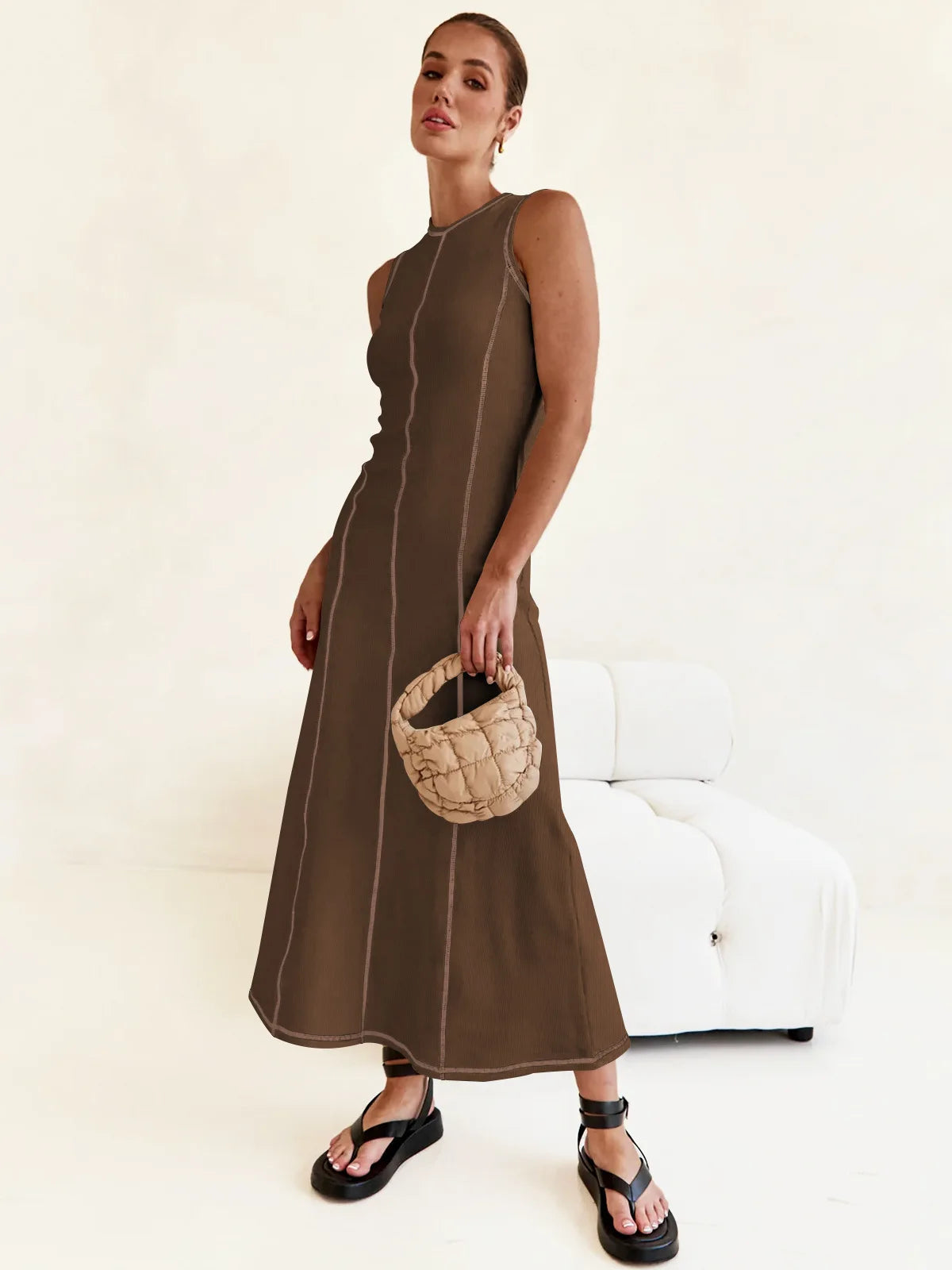 Sleeveless Contrast Ribbed Knit Maxi Dress LAPANIA