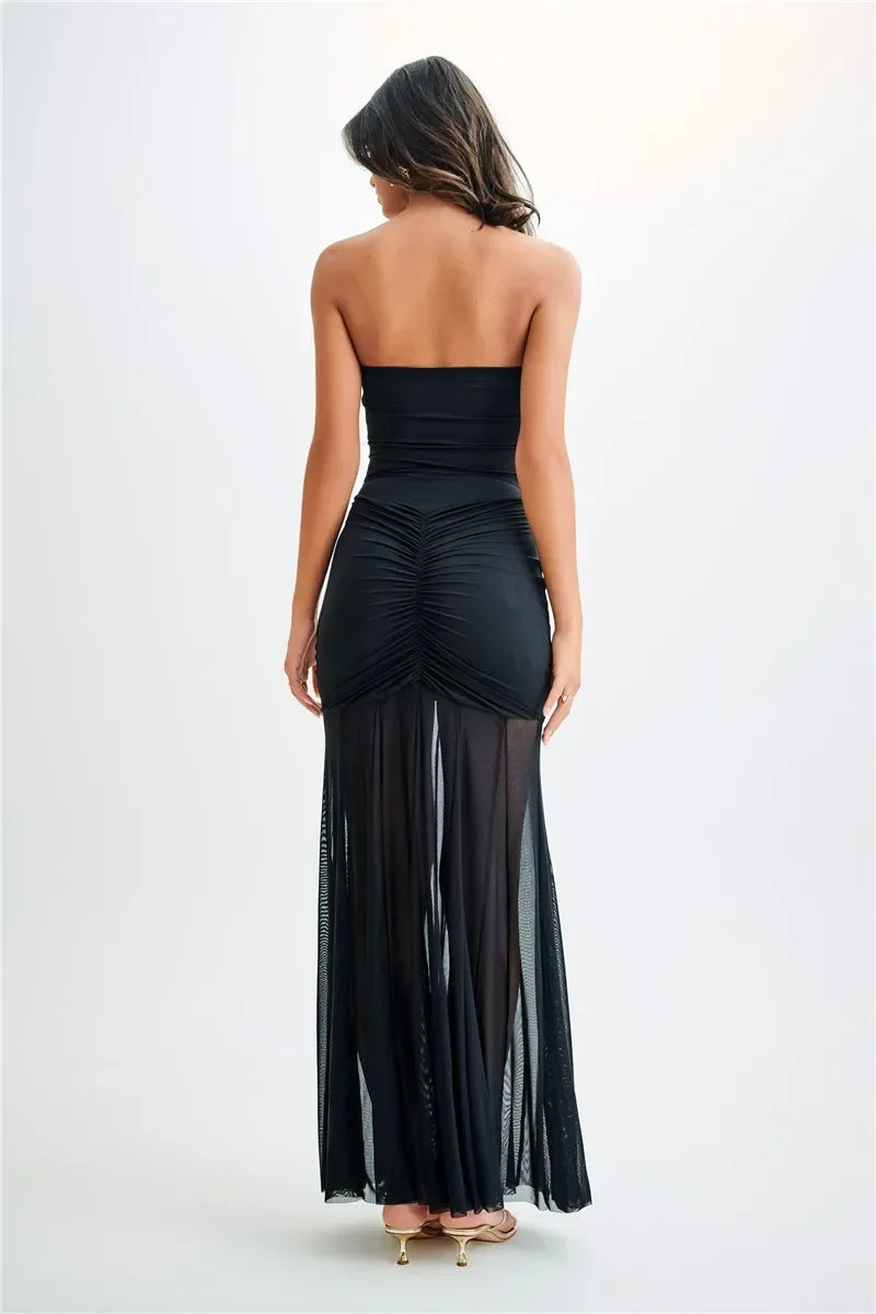 Off-Shoulder Mesh Maxi Dress LAPANIA