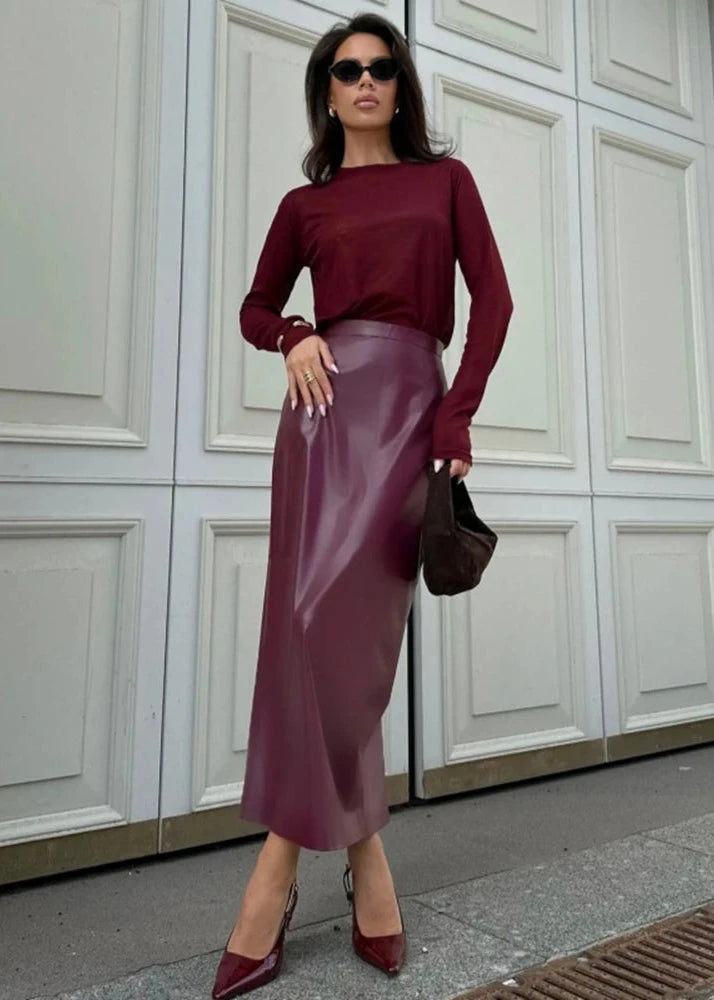 Burgundy Leather Long Skirt LAPANIA
