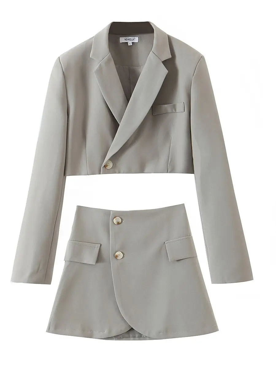 One Button Cropped Blazer & High-Waisted Mini Skirt Set LAPANIA