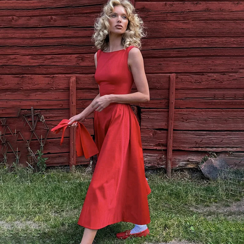Red Pleated Long Dress with Wide Neckline LAPANIA