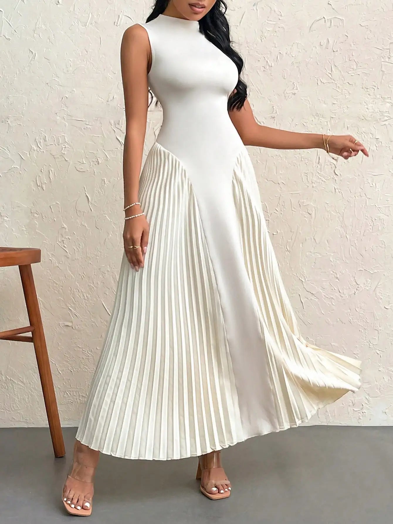Cream White Pleated Waist Maxi Dress LAPANIA