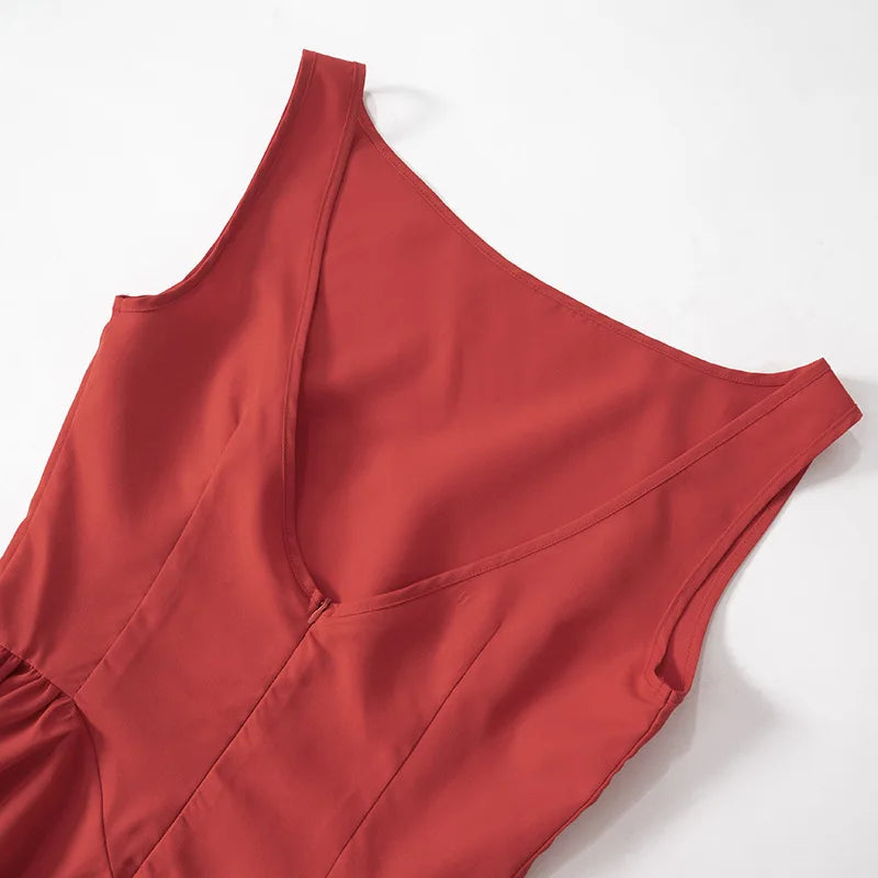 Red Pleated Long Dress with Wide Neckline LAPANIA