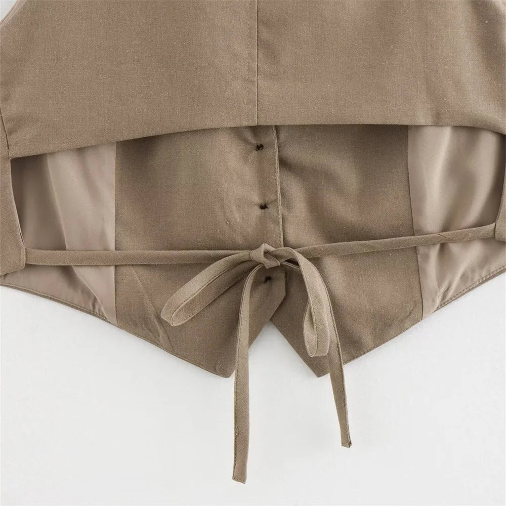 Khaki Buttoned Vest with Back Tie LAPANIA