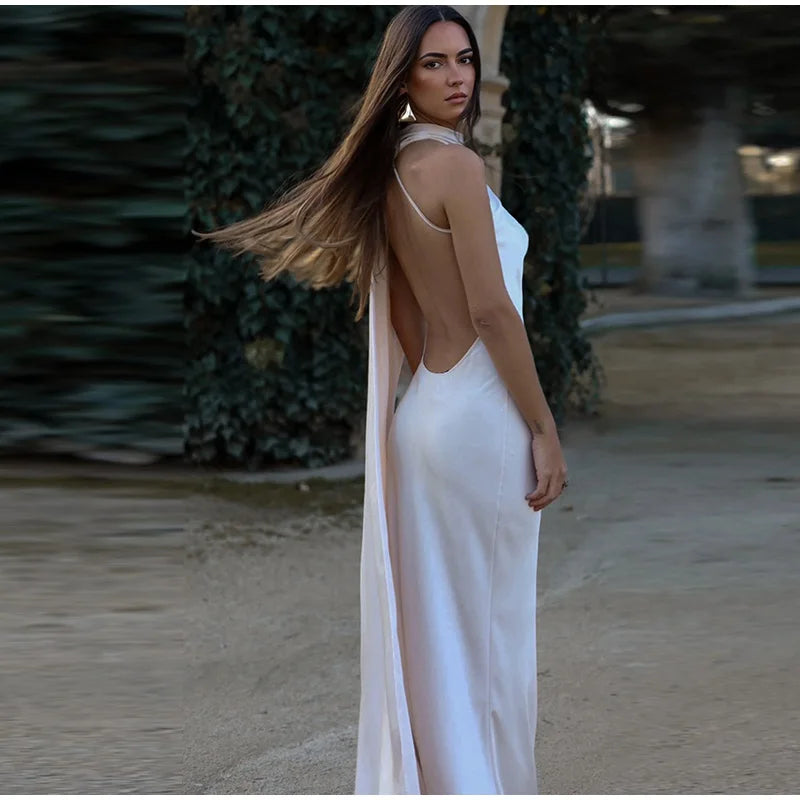 Solid Ribbon Halter Maxi Dress LAPANIA