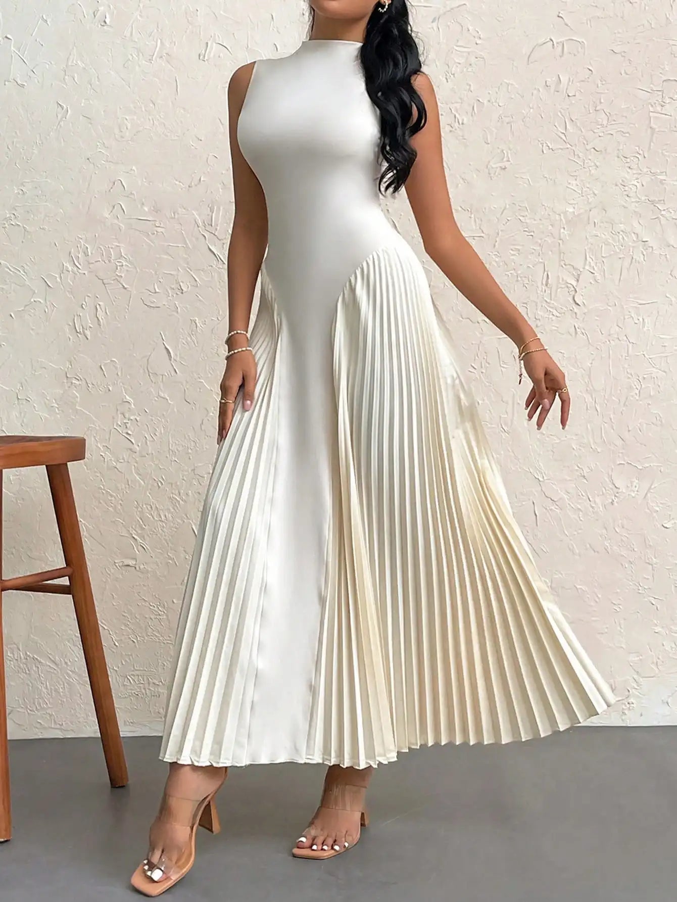 Cream White Pleated Waist Maxi Dress LAPANIA