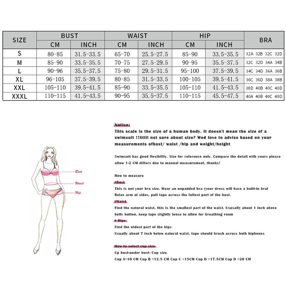 Size chart for swimsuits with measurements in centimeters and inches, including a diagram of a woman's body.
