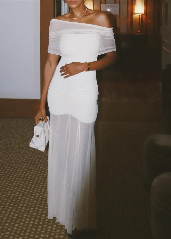 Off-Shoulder Mesh Maxi Dress LAPANIA