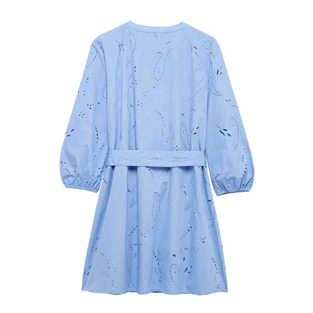 Blue V-Neck Embroidered Mini Dress LAPANIA