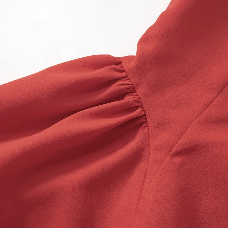 Red Pleated Long Dress with Wide Neckline LAPANIA