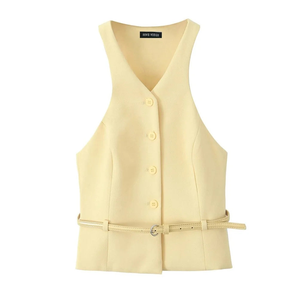 Yellow set belted vest and midi skirt LAPANIA