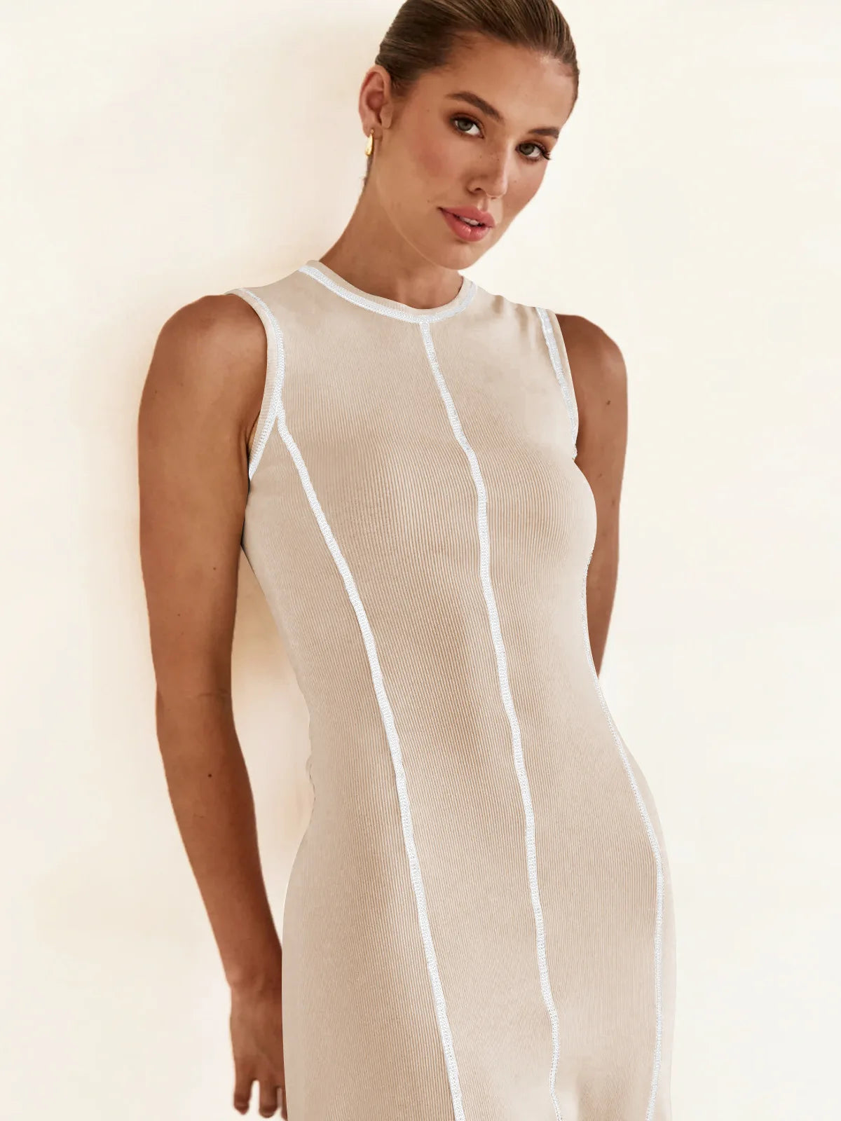 Sleeveless Contrast Ribbed Knit Maxi Dress LAPANIA