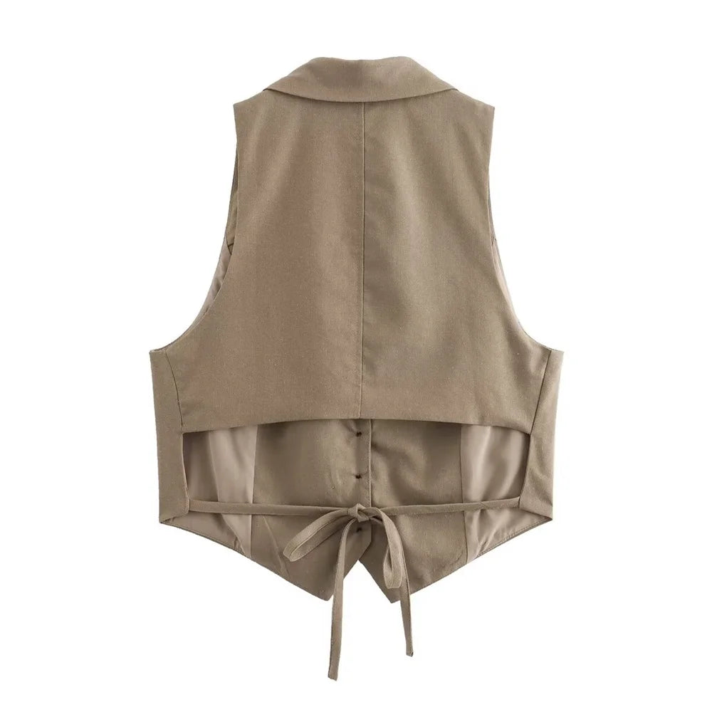 Khaki Sleeveless Vest and High-Waist Midi Skirt Set LAPANIA