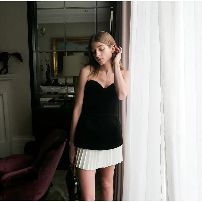 Black Velvet Pleated Hem Mini Dress LAPANIA
