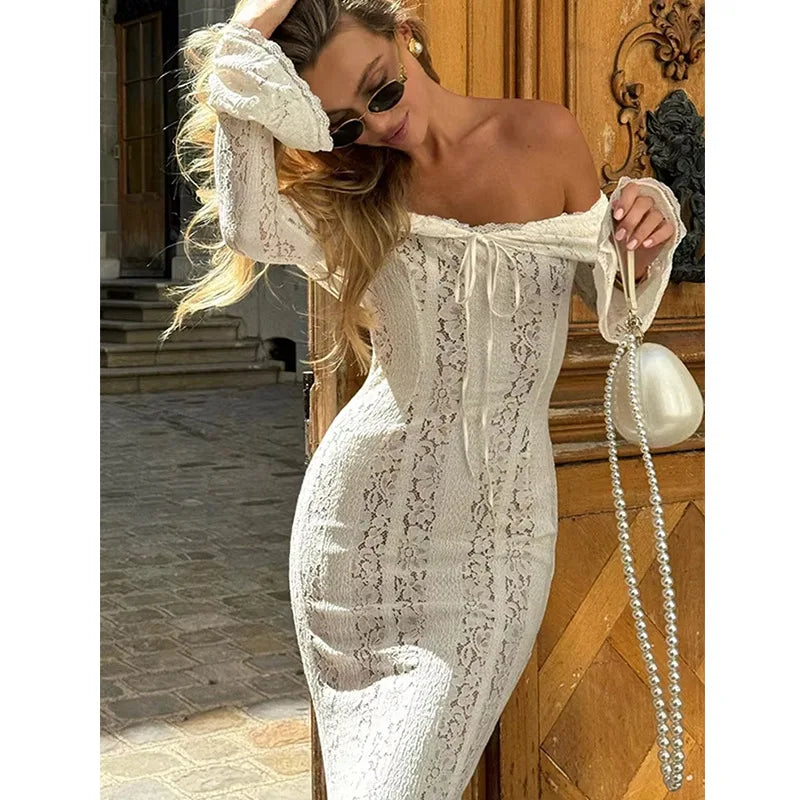 Off-Shoulder White Lace Maxi Dress