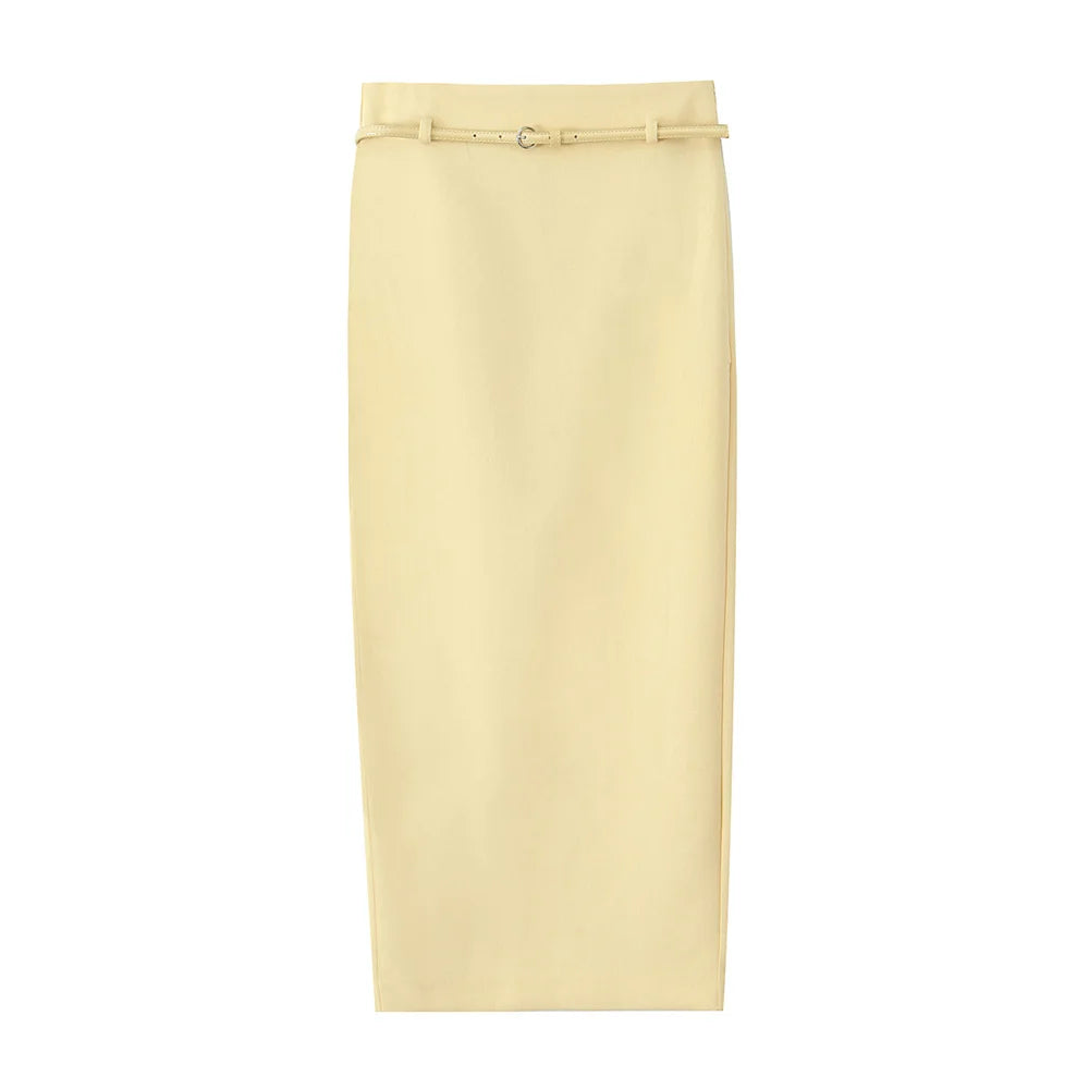 Yellow set belted vest and midi skirt LAPANIA