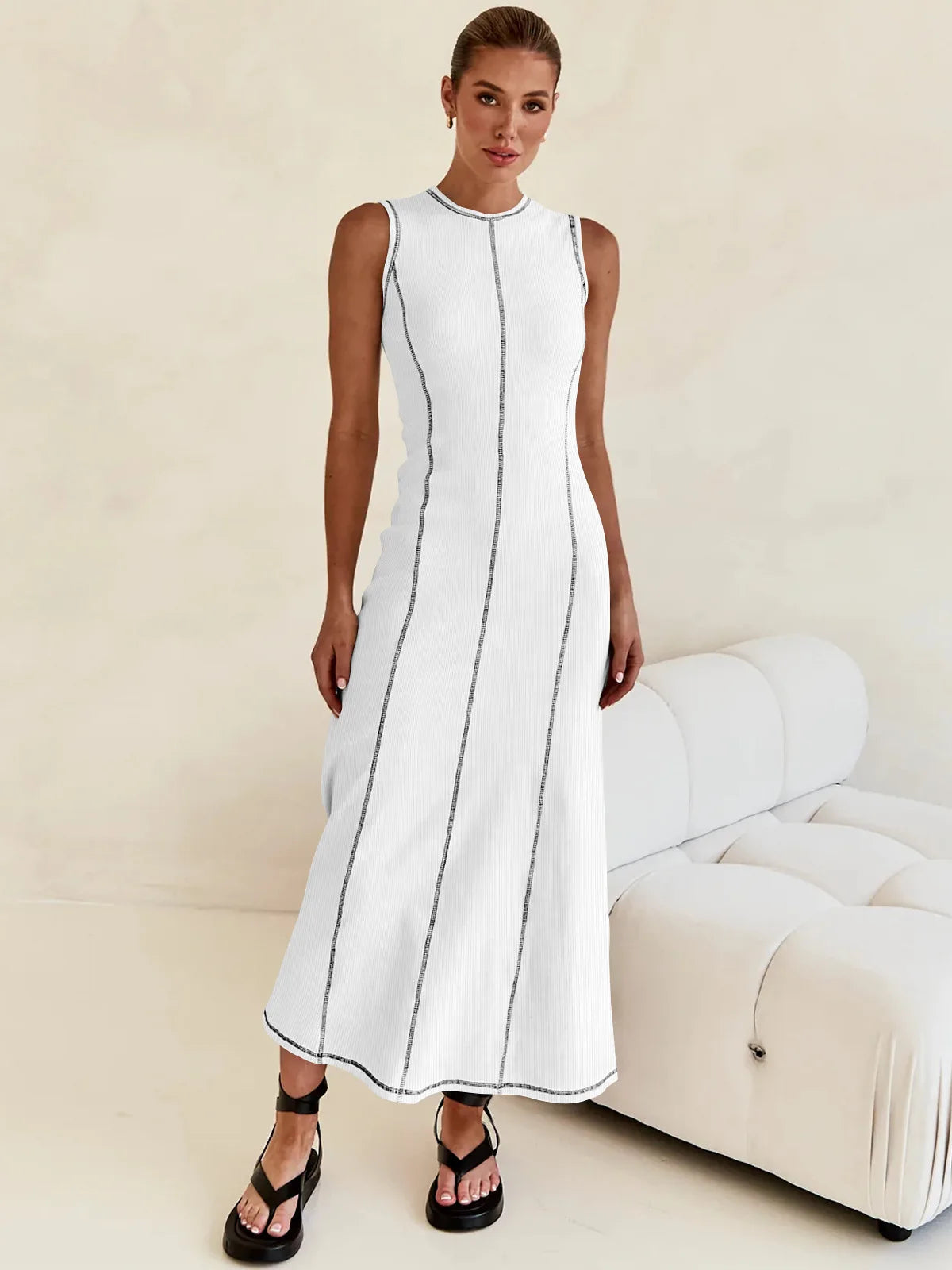 Sleeveless Contrast Ribbed Knit Maxi Dress LAPANIA