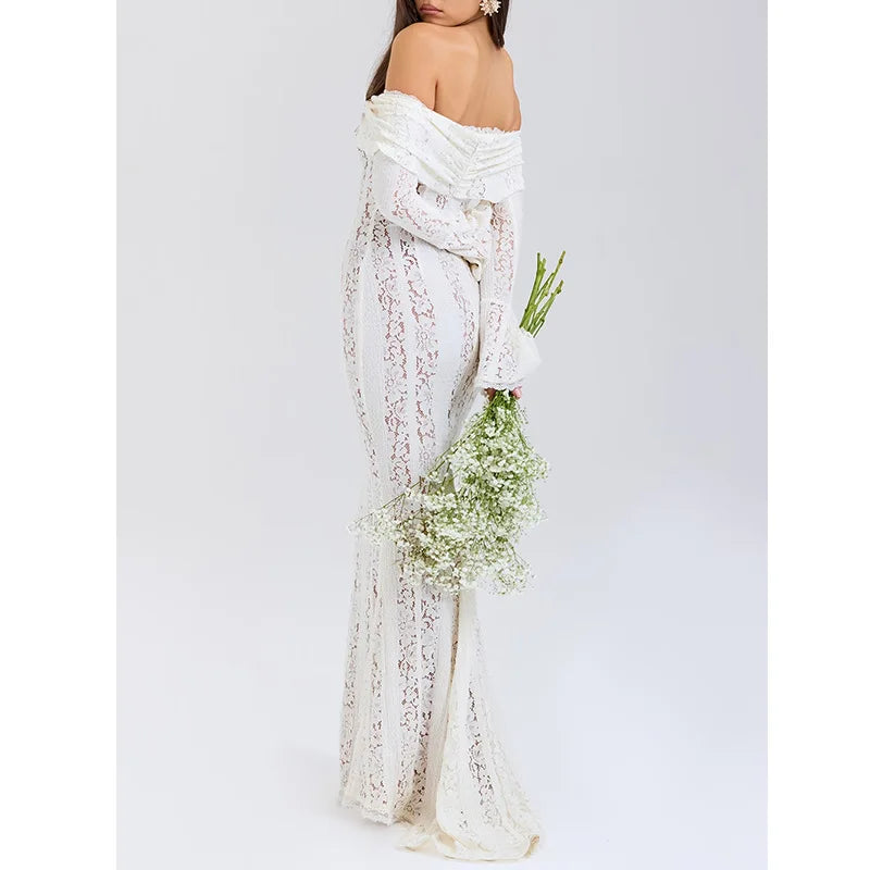 Off-Shoulder White Lace Maxi Dress