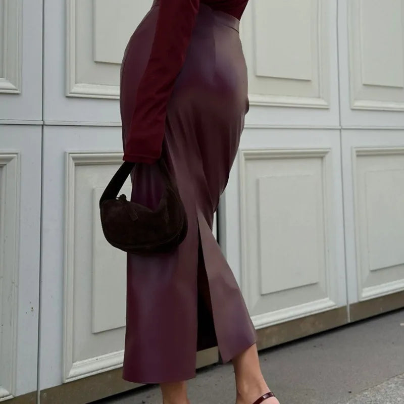 Burgundy Leather Long Skirt LAPANIA