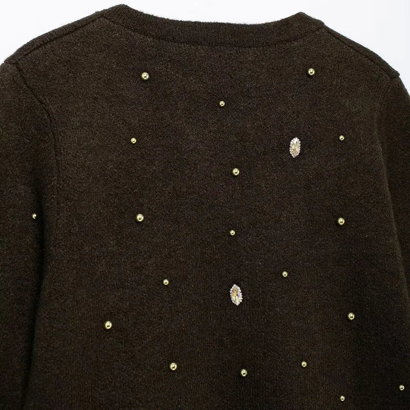 Brown Knitted Rhinestone Cardigan LAPANIA