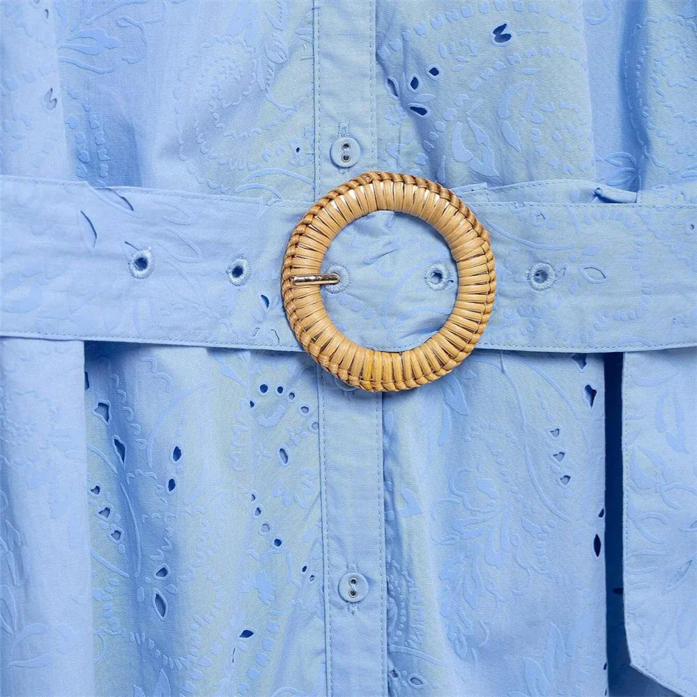 Blue V-Neck Embroidered Mini Dress LAPANIA