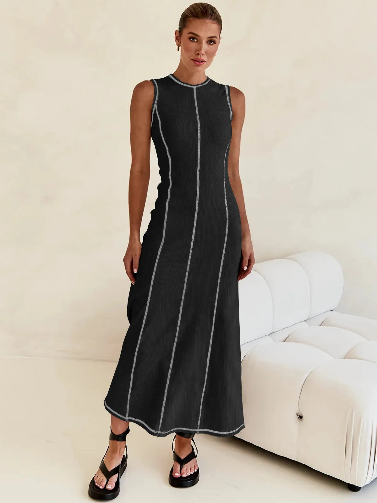 Sleeveless Contrast Ribbed Knit Maxi Dress LAPANIA